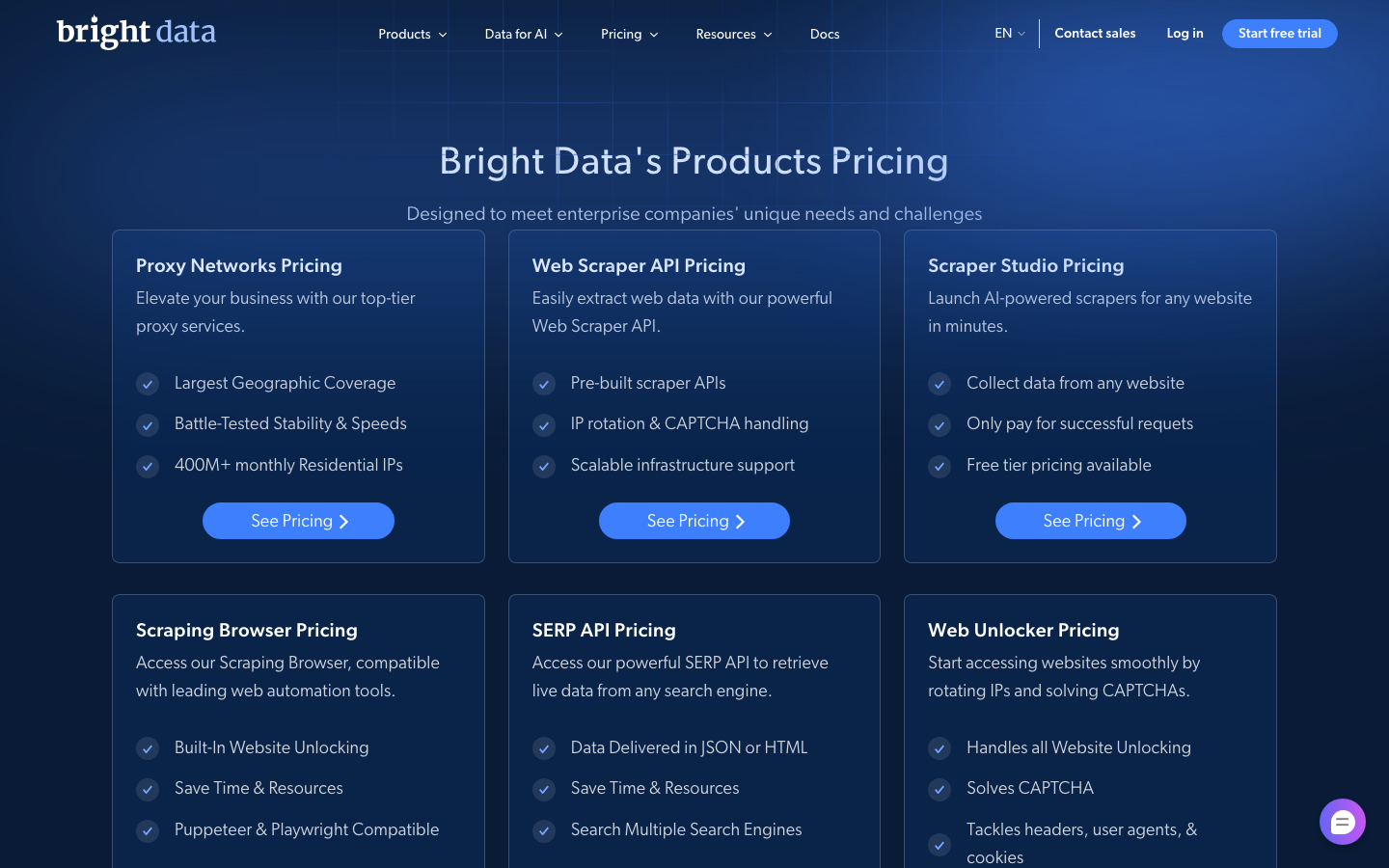 Bright Data pricing page