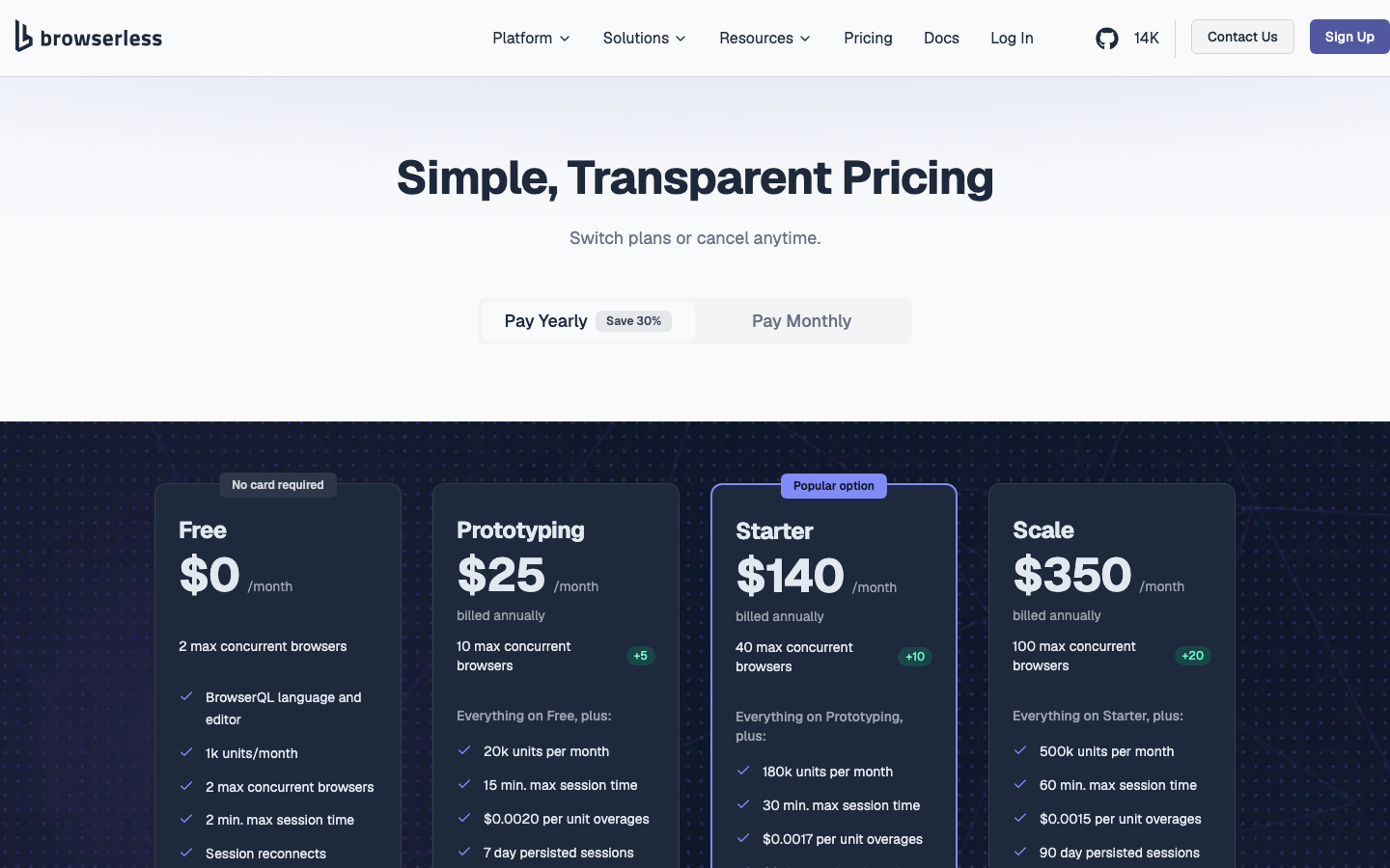 Browserless pricing page