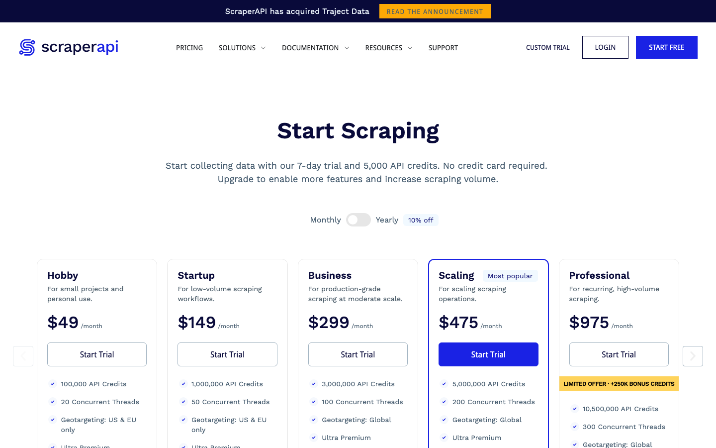 ScraperAPI pricing page