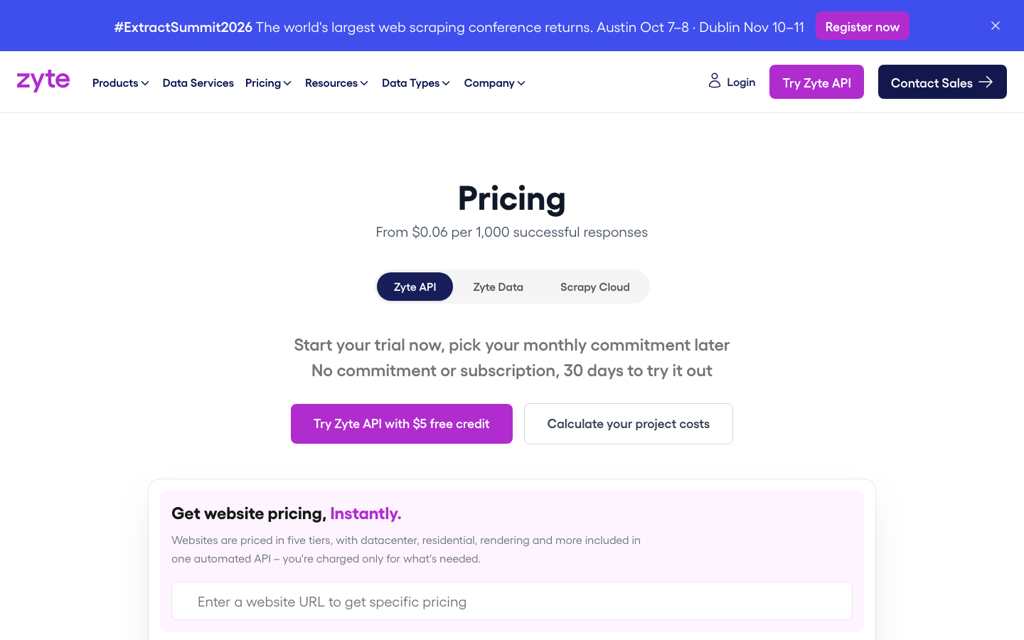 Zyte pricing page